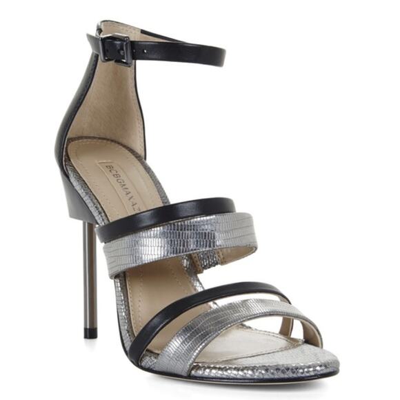 BCBGMaxazria Heels Womens 6.5 Black Silver Deanna Open Toe Stilettos - Picture 1 of 10